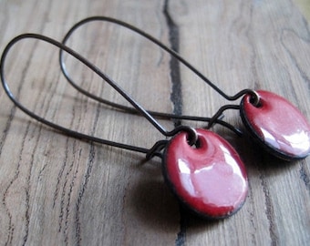 Dangle Earrings, Red earrings, Copper Enamel Jewelry, Nickel Free Kidney Ear wires, Love Note Red, Handmade Earrings