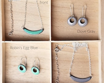 Sweet Spot Reversible copper enamel necklace, Robin's Egg Blue and Dove Gray, Sterling Silver Chain and Lobster Clasp 16in & 18 in