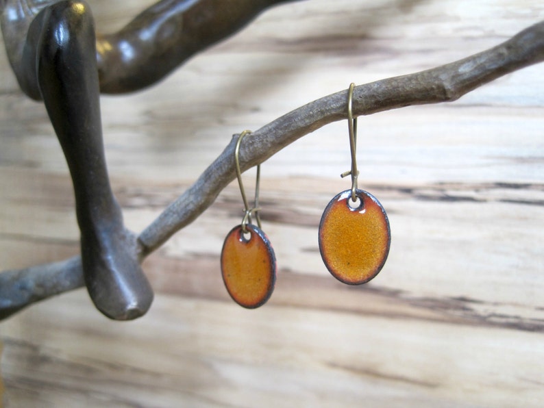 Orange Earrings, Orange oval earrings, Orange dangle and drop earrings, Enamel earrings, Nickel free ear wires, Handmade jewelry image 2