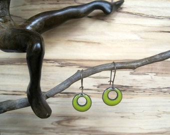 Short Dangle Earrings, Bitter Green Domed Drop Earrings, Copper Enamel Jewelry, Nickel Free Kidney Earwires, Handmade Earrings