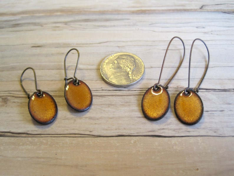 Orange Earrings, Orange oval earrings, Orange dangle and drop earrings, Enamel earrings, Nickel free ear wires, Handmade jewelry image 3