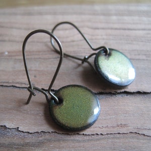 Green Dangle Earrings, Green Copper Enamel Jewelry, Nickel Free Kidney Ear wires, Olive Green, Handmade Earrings, green enamel earrings image 2