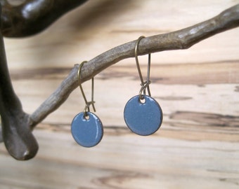 Gray Dangle Earrings, Blue Gray Drop Earrings, Copper Enamel Jewelry, Nickel Free Kidney Earwires, Blue Gray, Handmade Enamel Earrings