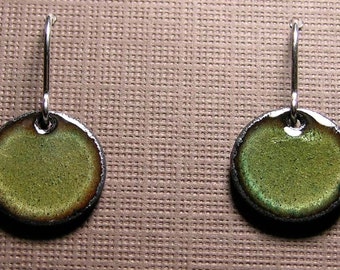 Enamel Earrings, Green Copper Enamel Jewelry, Sterling Silver French Hook Earwires, Olive Green, Handmade Earrings