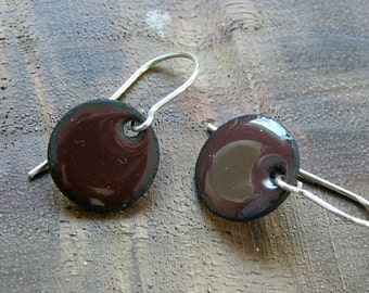 Mocha Brown Short Dangle Earrings, French Roast Brown Copper Enamel, Sterling Silver French Hook Earwires, Espresso, Handmade