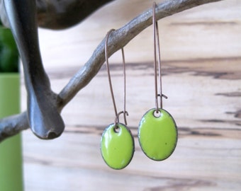 Oval Apple Yellow Drop Earrings, yellow green Dangle Earrings, Copper Enamel, Chandelier Earrings