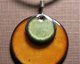 Green and orange pendant, Olive Green and Orange necklace, Green and orange enamel jewelry, handmade enamel jewelry