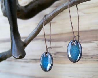 Oval Dangle Earrings, Drop Earrings, Copper Enamel, Blue Oval Drop, Blue Oval Chandelier, Sapphire Blue, Nickel Free Kidney Ear Wire