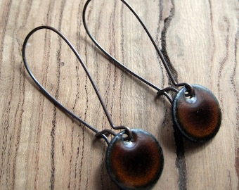 Brown drop earrings, Chestnut Brown Dangle Earrings, French Roast Brown Copper Enamel Jewelry, Nickel Free Copper Kidney Ear wires, Espresso
