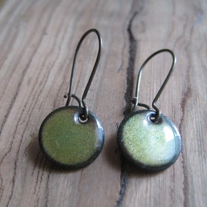 Green Dangle Earrings, Green Copper Enamel Jewelry, Nickel Free Kidney Ear wires, Olive Green, Handmade Earrings, green enamel earrings image 3