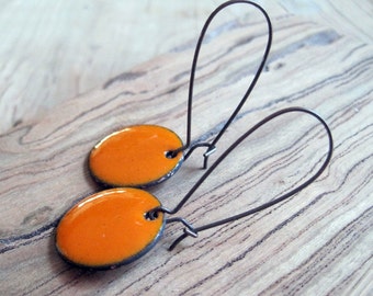 Pumpkin Orange Dangle Earrings, Orange Copper Enamel Drop Earrings, Nickel Free Kidney Earwires, Bright Orange, Handmade Earrings