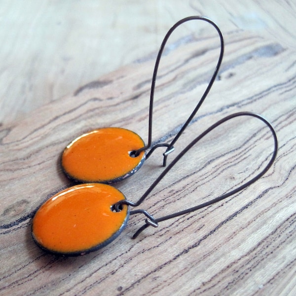Pumpkin Orange Dangle Earrings, Orange Copper Enamel Drop Earrings, Nickel Free Kidney Earwires, Bright Orange, Handmade Earrings