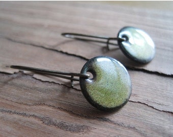 Green Dangle Earrings, Green Copper Enamel Jewelry, Nickel Free Kidney Ear wires, Olive Green, Handmade Earrings, green enamel earrings