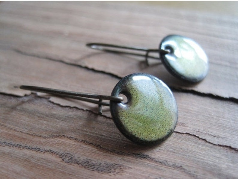 Green Dangle Earrings, Green Copper Enamel Jewelry, Nickel Free Kidney Ear wires, Olive Green, Handmade Earrings, green enamel earrings image 1