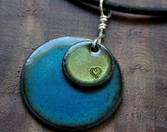 Heart Necklace, Heart Jewelry, Copper Enamel Necklace, Blue and Green necklace, Enamel Heart Pendant, Enamel Jewelry