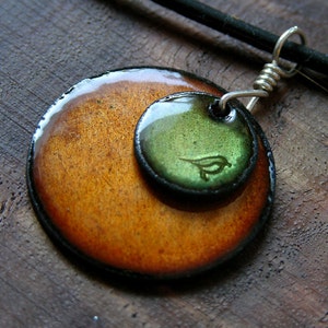 Enamel Bird Jewelry, Olive Green, Persimmon Orange Pendant, Copper Enamel Necklace, Hand Stamped Stacked Circle Jewelry