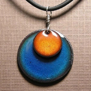 Orange and Blue Necklace, Copper Enamel handmade necklace, blue and orange pendant, blue and orange enamel jewelry