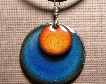 Orange and Blue Necklace, Copper Enamel handmade necklace, blue and orange pendant, blue and orange enamel jewelry