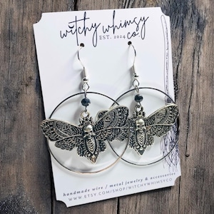 Silver Retro Moth Skull Circle Drop Dangle Earrings, Gothic Jewelry, Witchy Jewelry, Butterfly Earrings, Moth Earrings, Skull Jewelry