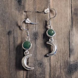 Silver Crescent Moon Celestial Round Inlaid Green Stone Drop Earrings, Witchy Earrings, Moon Earrings, Celestial Earrings, Witchy Core