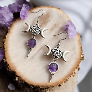Crescent Moon & Pentagram Moon Phase Round Inlay Natural Stone Witchy Earrings