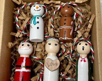 Christmas Ornament Set of 5 | Hand-Painted Wood | Snowman Santa Gingerbread Man Angel Caroler | Peg Doll | European Style | German Tradition