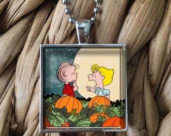 Peanuts Great Pumpkin Scene Nostalgia Glass Pendant Necklace