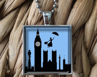 Mary Poppins Over London Skyline Glass Pendant Necklace