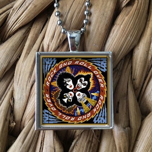 KISS Rock and Roll Over Album Cover Vintage 1976 Glass Pendant Necklace