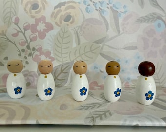 Sleeping Baby Peg Doll * Forget Me Not * Loss Memento Keepsake for Grieving Comfort, Hand Painted Flower Handmade Gift with Note