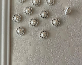Pearl Rhinestone Round Design Push Pins Set | Decorative Thumbtacks | Bulletin Board | Home Office | Cubicle | Wedding Decor | Teacher Gift