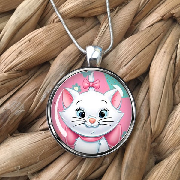 Marie White Cat Aristocats Disney Glass Pendant Necklace