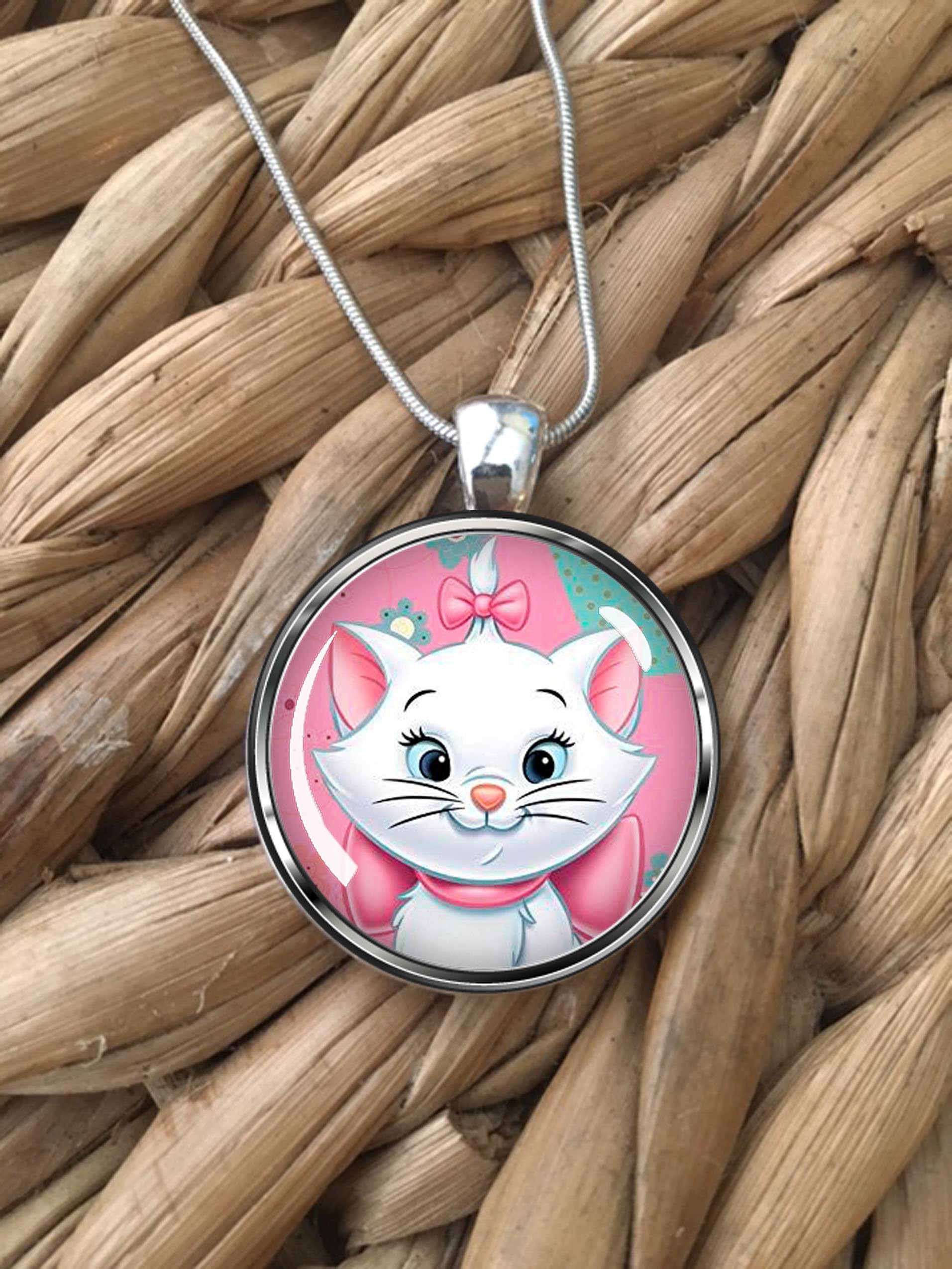 Marie White Cat Aristocats Disney Glass Pendant Necklace
