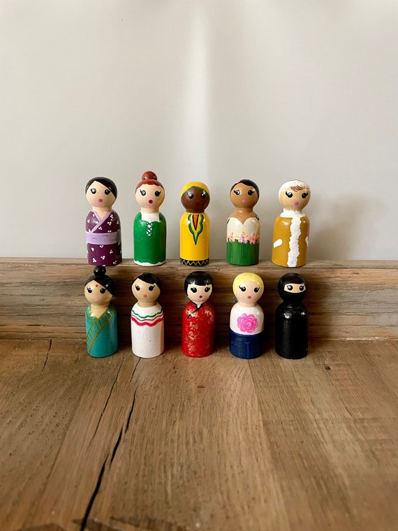 Little Ladies of the World Miniature Wood Peg Dolls Figures Toys |  Diversity | Cultural Awareness | Hand Painted Set of 10 - Etsy