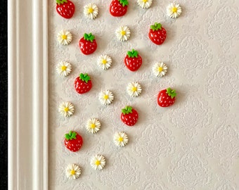 Strawberries and Daisies Push Pins | Decorative Flower Thumbtacks | Bulletin Cork Memo Board | Home Office | Cubicle Decor | Teacher Wedding