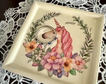 Handmade Unicorn Floral Trinket Dish | Square Ring Tray | Jewelry Organizer | Office Desk Classroom Cubicle Dorm Bedroom   Cute Bowl Gift