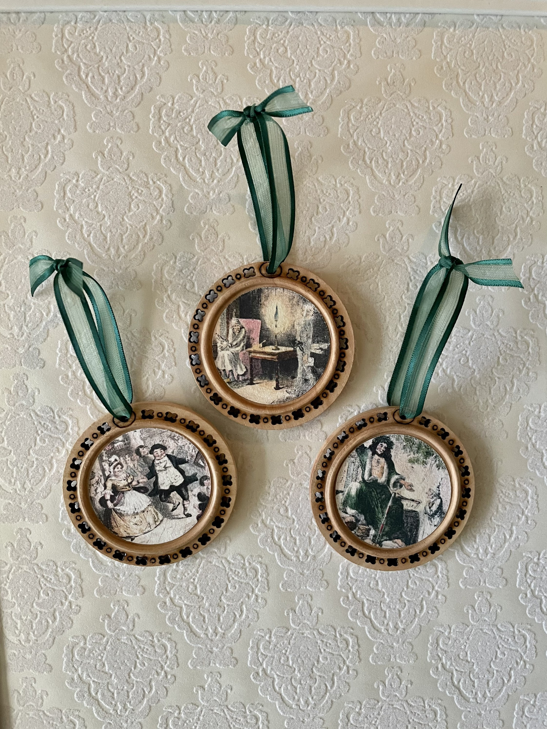 A Christmas Carol Set of 3 Ornaments | Vintage Illustrations from Book | Scrooge and Ghosts | Unique Gift
