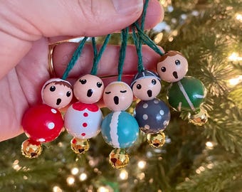 Christmas Carolers With Jingle Bells Ornament Set of 5 Tree Baubles Hand Painted German Style Wood