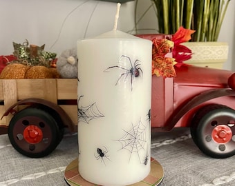 Halloween Spider Pillar Candle with Decorative Wooden Plaid Base Handmade Spooky Season Decor Dark Academia
