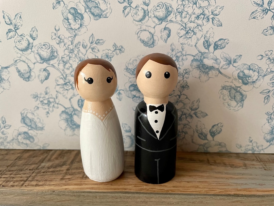 Bride and Groom Peg Doll Set Wedding Cake Topper Pretend Play Bridal ...