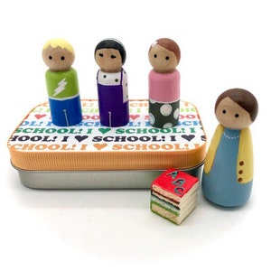 Let&#39;s Play School Peg Dolls Classroom Pretend Play Set in Themed Tin