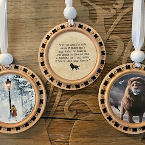 Narnia Inspired Set of 3 Christmas Ornaments | Book Movie Illustrations Images on Wood | Lucy Aslan Quote | Unique Gift Literature Tree