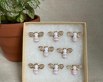 Pink Bumblebee Design Push Pins Set | Gold Decorative Thumbtacks | Bulletin Board | Home Office | Cubicle | Dorm Decor | Teacher Gift