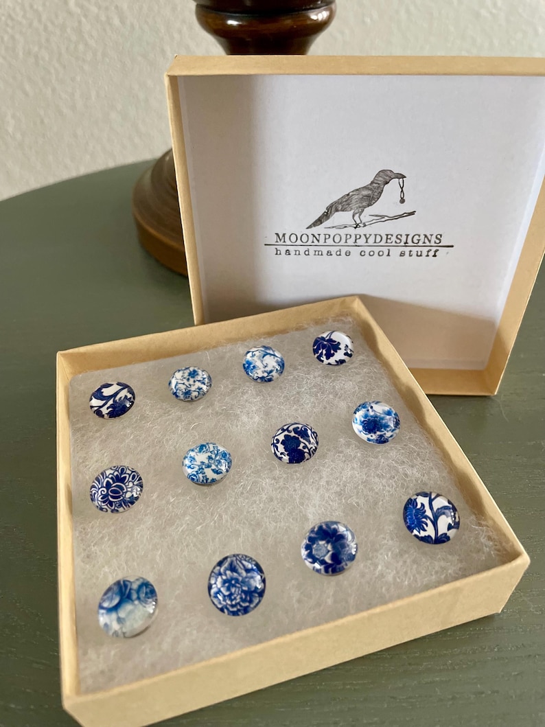 Blue Chinoiserie Toile Push Pins Set of 12 | Decorative Thumbtacks | Bulletin Memo Cork Board | Home Office | Cubicle | Dorm | Teacher Gift