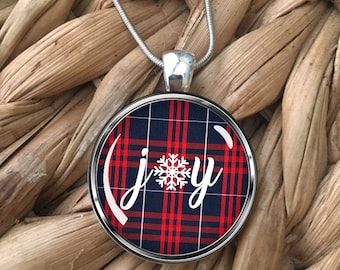 Joy Snowflake in White on Plaid Design Glass Pendant Necklace