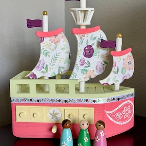 Friend Ship & Figures Play-set, Hand-Painted One of a Kind Wooden Toy or Decoration, Creative Imaginative Play Homeschool Children Pretend