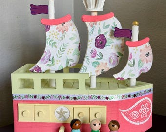 Friend Ship & Figures Play-set, Hand-Painted One of a Kind Wooden Toy or Decoration, Creative Imaginative Play Homeschool Children Pretend