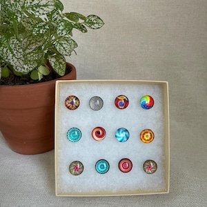 May include: A set of twelve decorative glass cabochons with various colorful designs, including swirls, floral patterns, and abstract art. The cabochons are arranged in a beige box, with a potted plant in the background.