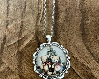 Teddy Bear Christmas Tree Handmade Large Pendant Necklace | Antique Silver | Grannycore Cottagecore Vintage Vibes