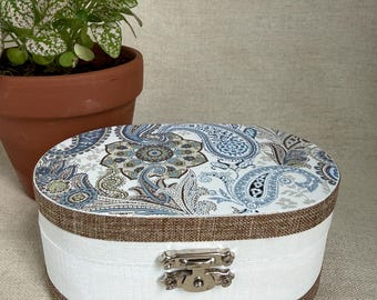 Blue Floral Paisley Keepsake Box Decoupage and Hand Painted Wooden Jewelry Mementos Office Dorm Cubicle Decor